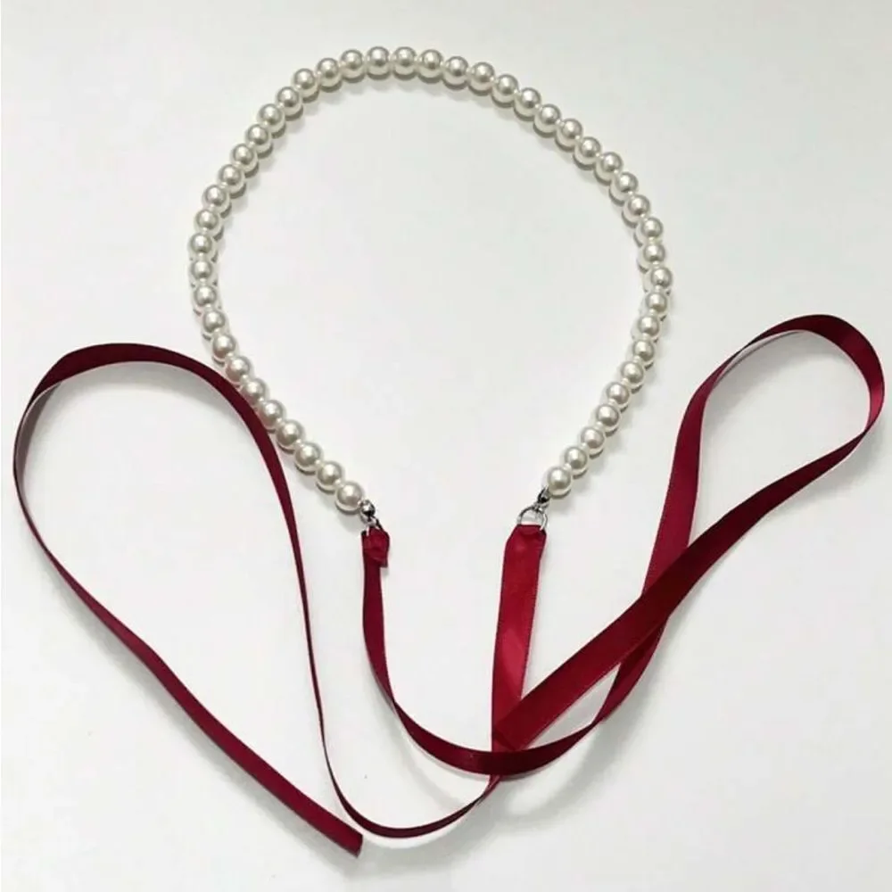 Elegant Pearl Necklace with Red Ribbon R142 - Picture 2 of 2